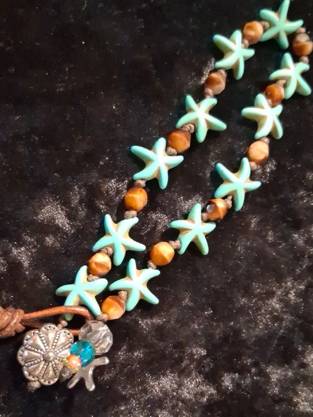 Turquoise Starfish Bead Anklet Bracelet with Brown Accent Stones - 10 To 12 In L